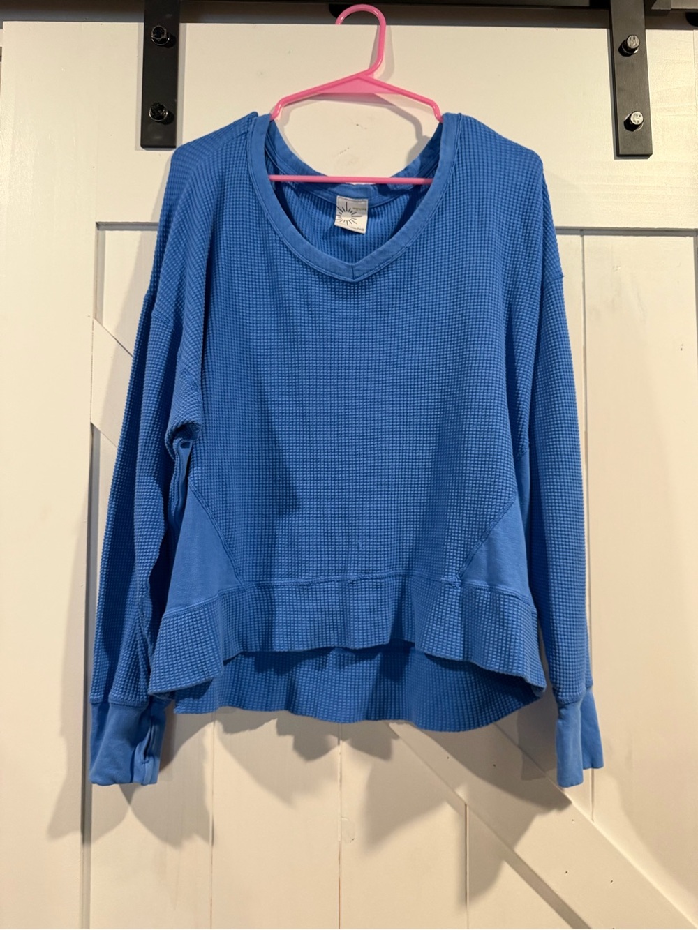 Blue Waffle-Knit V-Neck Long Sleeve Top - Women's